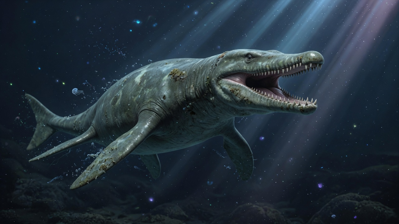 Photoreal concept reconstruction of Mosasaurus hoffmannii swimming in a Late Cretaceous open ocean, with a long body, paddle-like limbs, and a powerful tail.